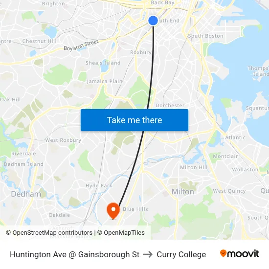 Huntington Ave @ Gainsborough St to Curry College map