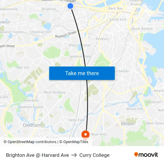 Brighton Ave @ Harvard Ave to Curry College map