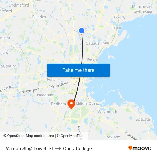Vernon St @ Lowell St to Curry College map