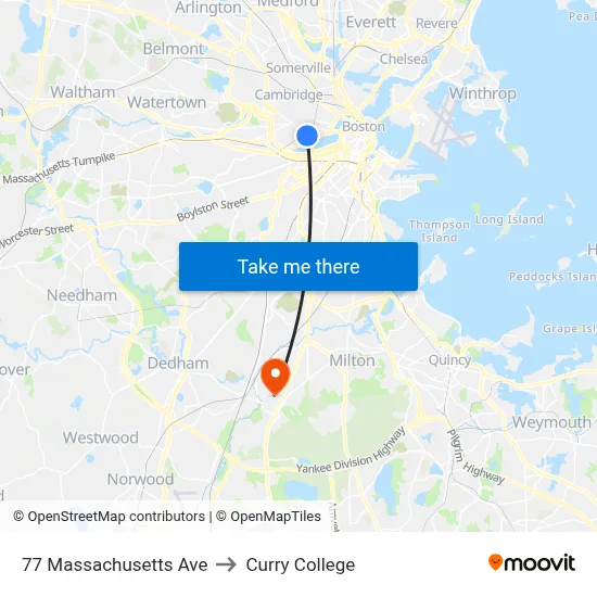 77 Massachusetts Ave to Curry College map