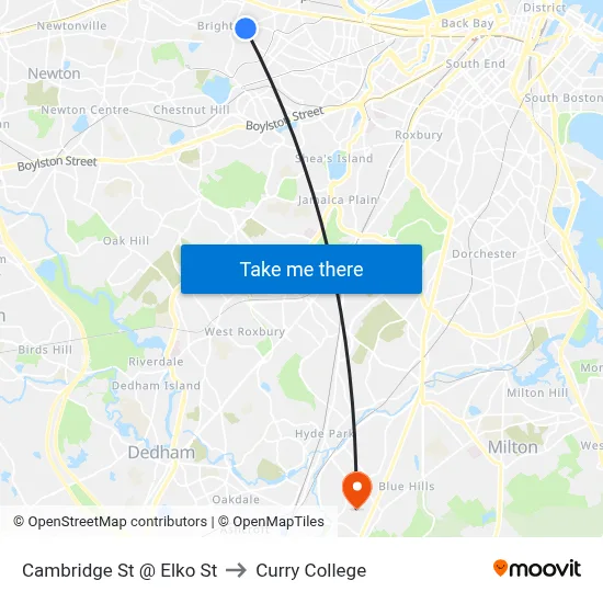 Cambridge St @ Elko St to Curry College map