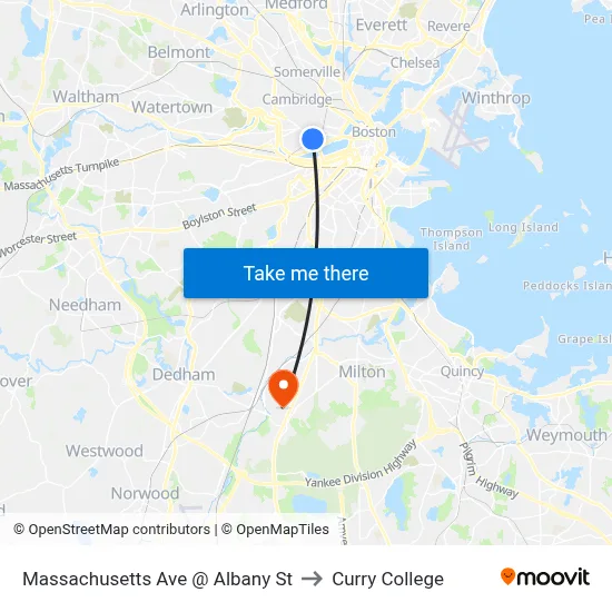 Massachusetts Ave @ Albany St to Curry College map