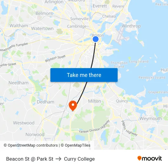 Beacon St @ Park St to Curry College map