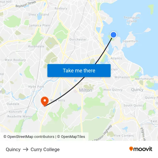 Quincy to Curry College map