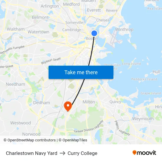 Charlestown Navy Yard to Curry College map