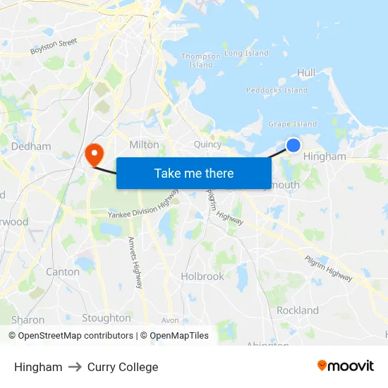 Hingham to Curry College map
