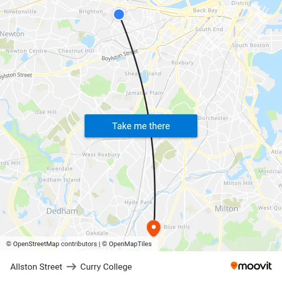 Allston Street to Curry College map