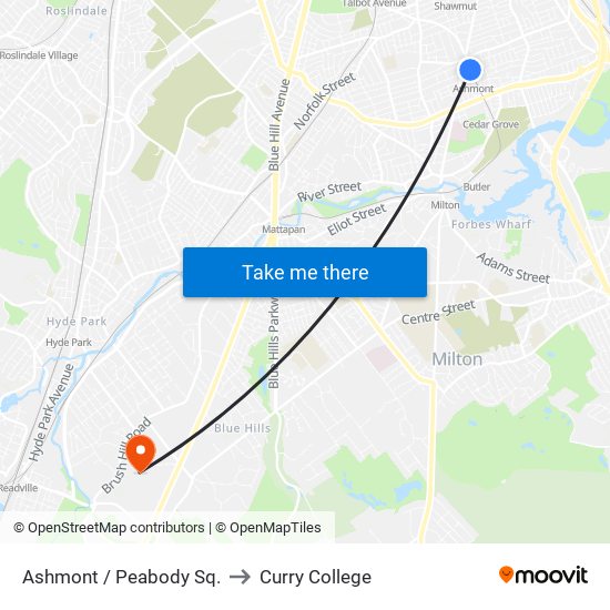 Ashmont / Peabody Sq. to Curry College map