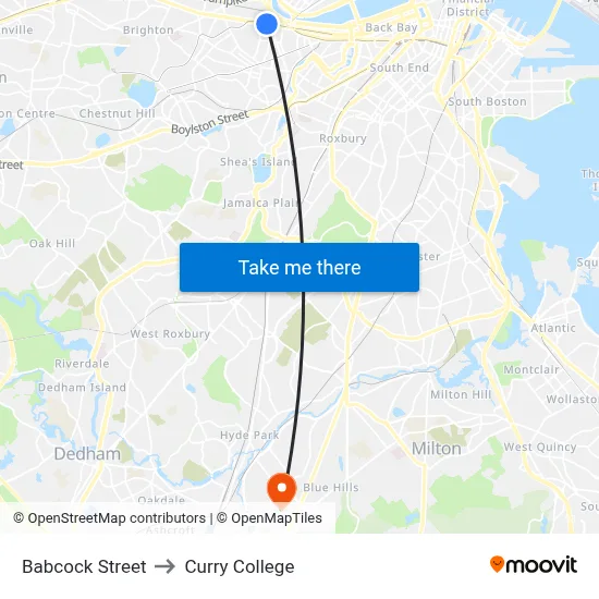 Babcock Street to Curry College map