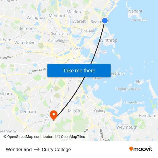 Wonderland to Curry College map