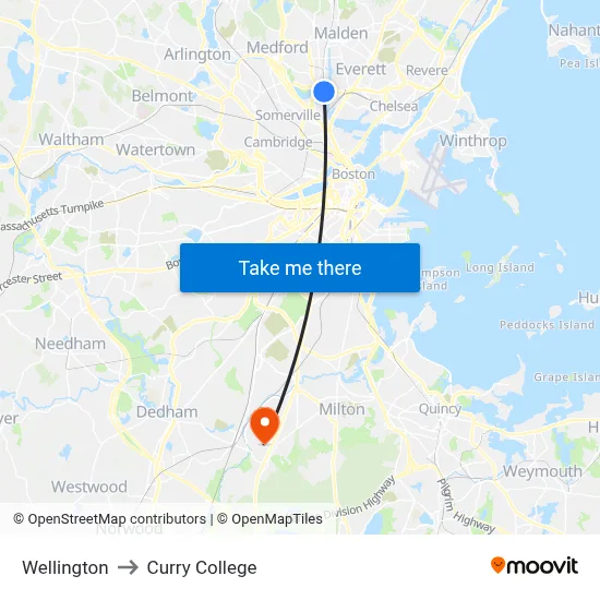 Wellington to Curry College map