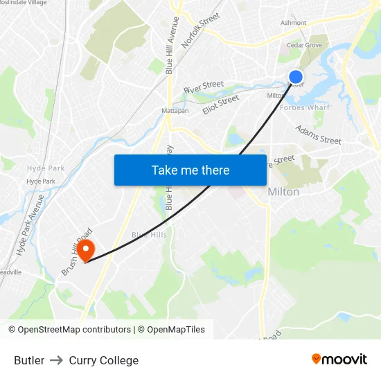 Butler to Curry College map