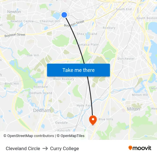 Cleveland Circle to Curry College map