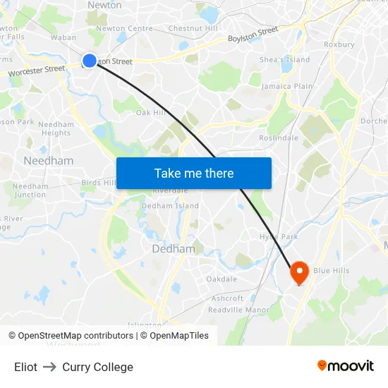 Eliot to Curry College map