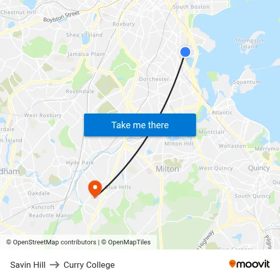 Savin Hill to Curry College map