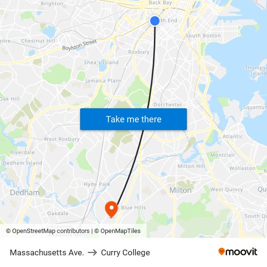 Massachusetts Ave. to Curry College map