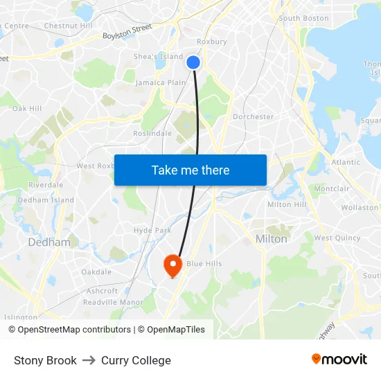 Stony Brook to Curry College map