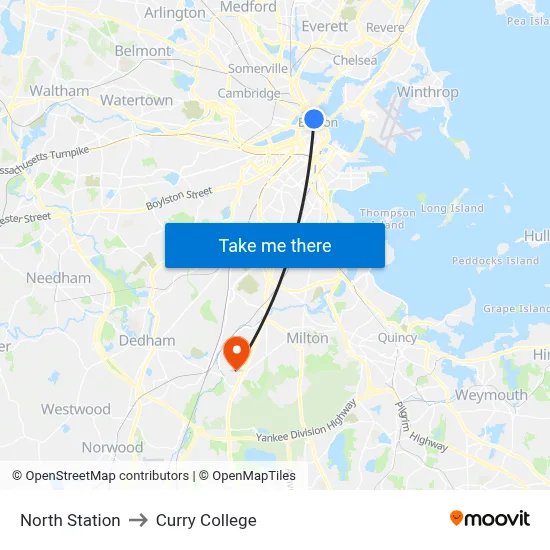North Station to Curry College map