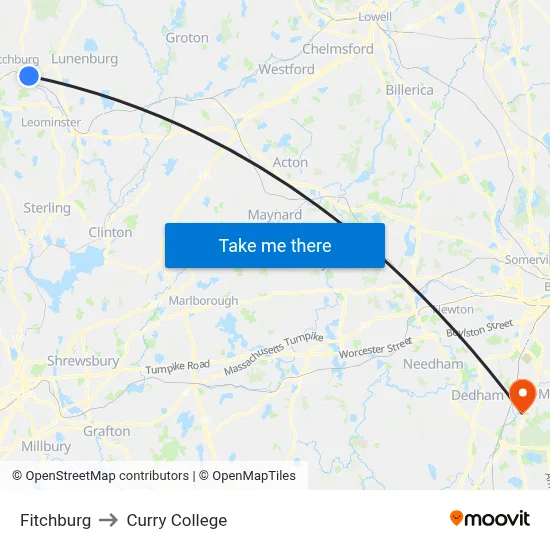 Fitchburg to Curry College map