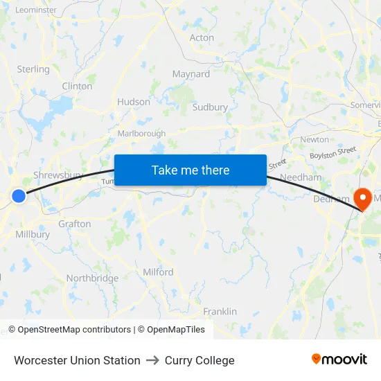Worcester Union Station to Curry College map