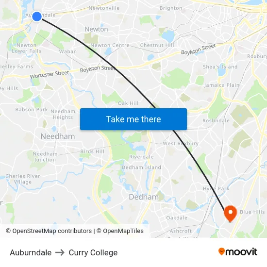 Auburndale to Curry College map