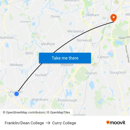 Franklin/Dean College to Curry College map