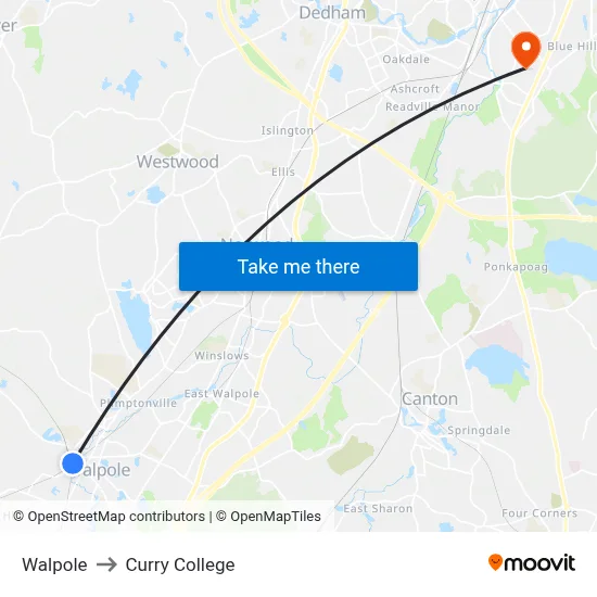 Walpole to Curry College map