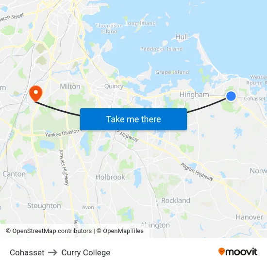 Cohasset to Curry College map