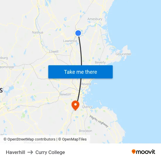 Haverhill to Curry College map