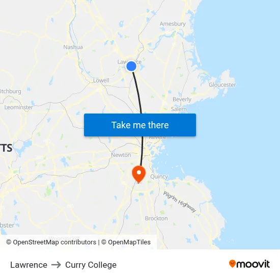 Lawrence to Curry College map