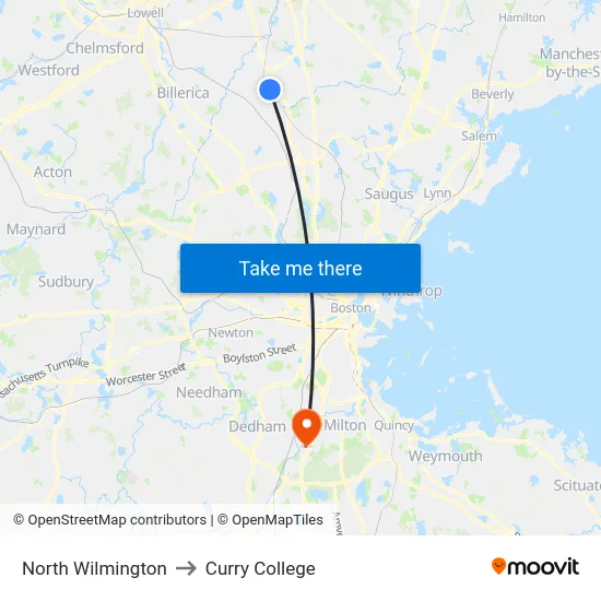 North Wilmington to Curry College map