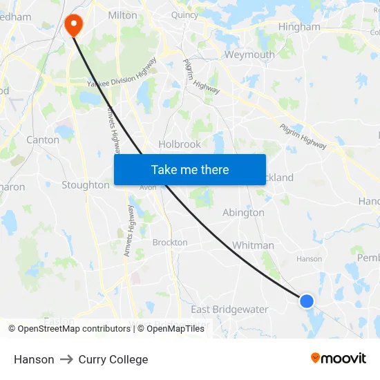 Hanson to Curry College map