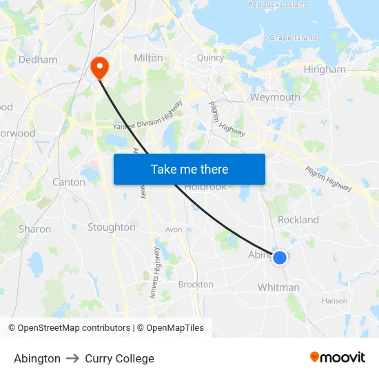 Abington to Curry College map