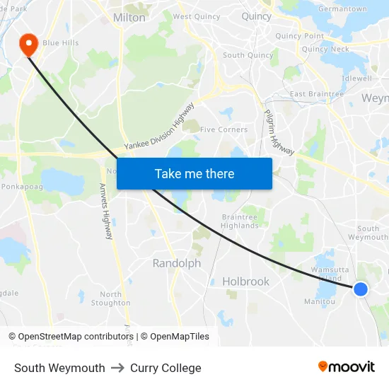 South Weymouth to Curry College map