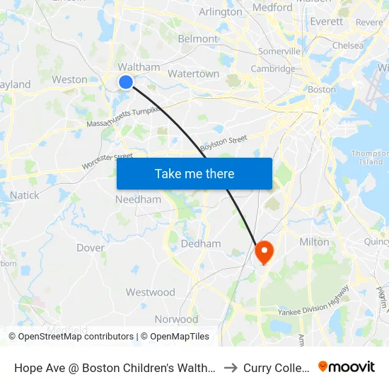 Hope Ave @ Boston Children's Waltham to Curry College map