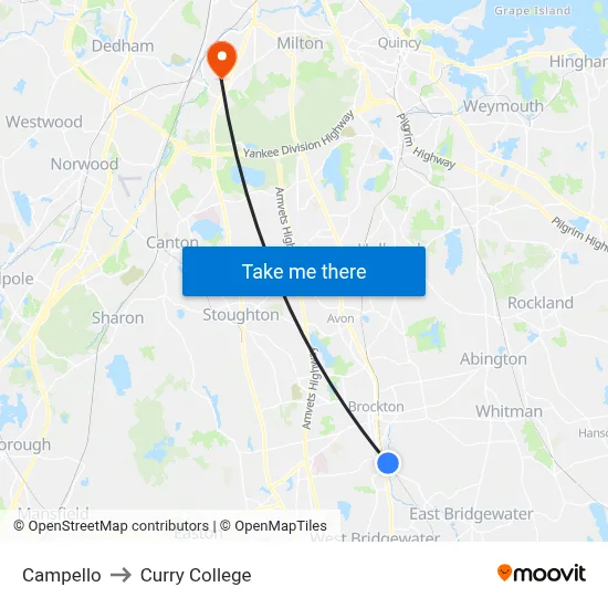 Campello to Curry College map