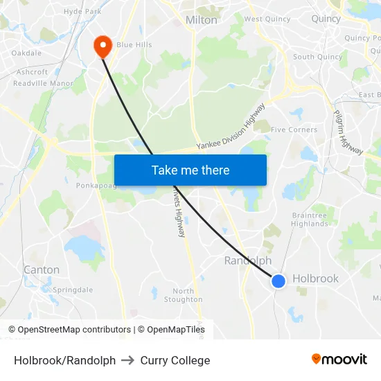 Holbrook/Randolph to Curry College map