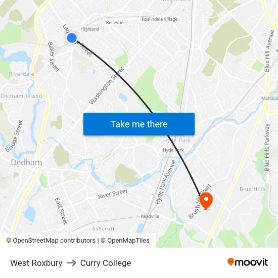 West Roxbury to Curry College map
