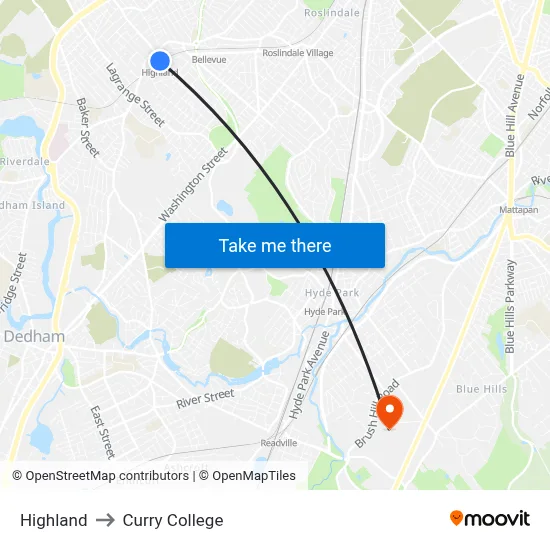 Highland to Curry College map