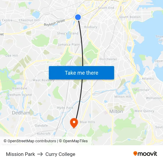 Mission Park to Curry College map