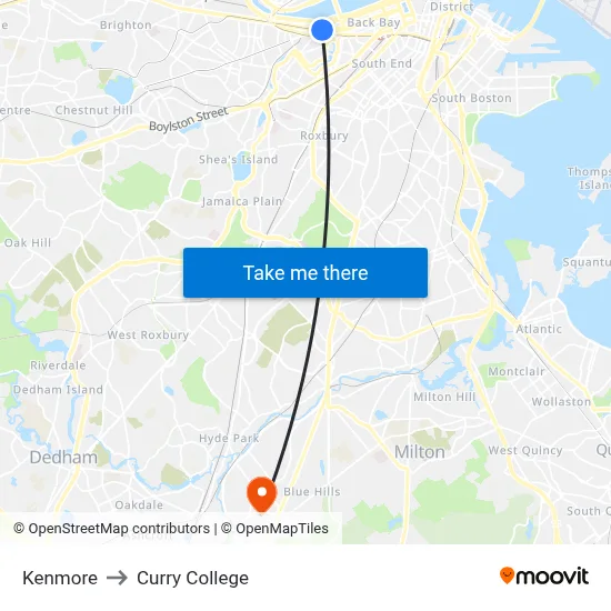 Kenmore to Curry College map