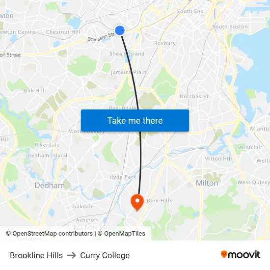 Brookline Hills to Curry College map