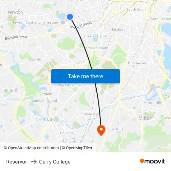 Reservoir to Curry College map