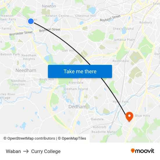 Waban to Curry College map