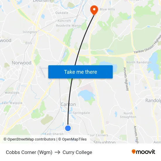 Cobbs Corner (Wgm) to Curry College map