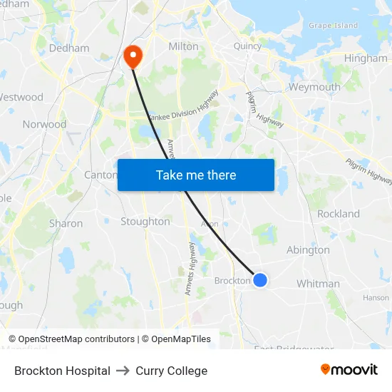 Brockton Hospital to Curry College map