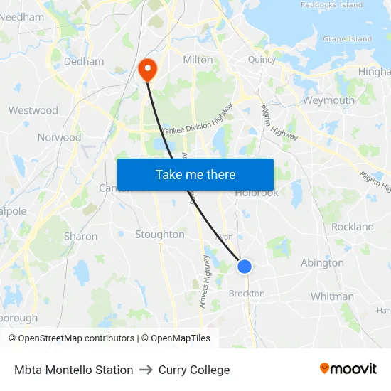 Mbta Montello Station to Curry College map
