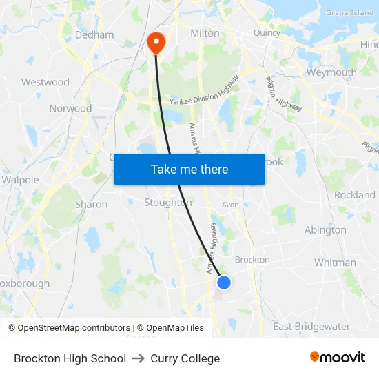 Brockton High School to Curry College map