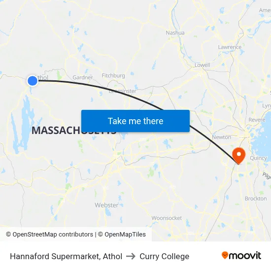 Hannaford Supermarket, Athol to Curry College map
