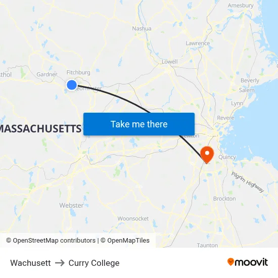 Wachusett to Curry College map